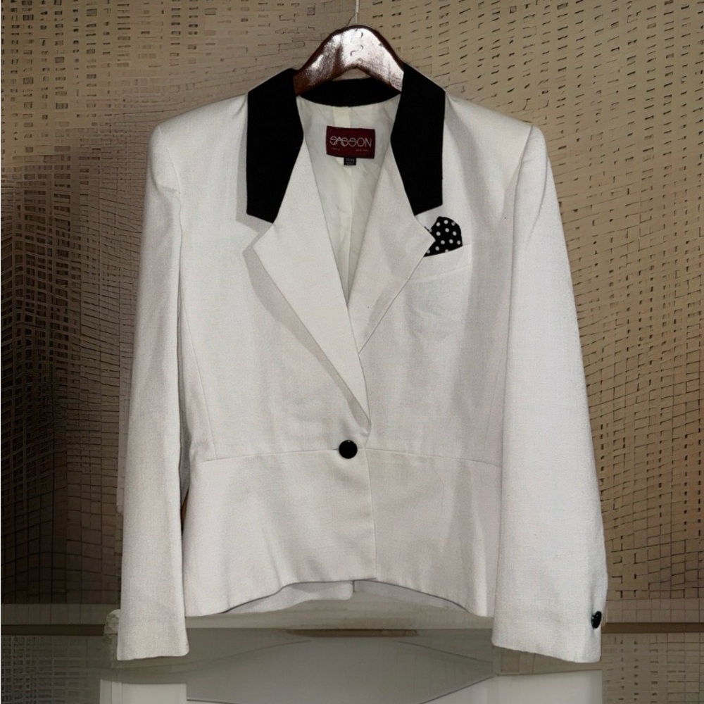 Vtg Sasson Women's White and Black Linen Blend Blazer-12/13-EUC